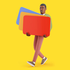 Cheerful young African man walking with a lot of giant cards in his hands.   Mockup 3d character illustration