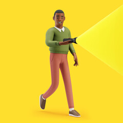 Cheerful young African man with a flashlight. Mockup 3d character illustration