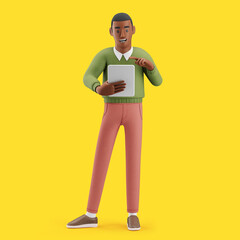 Cheerful young African man using a tablet. Mockup 3d character illustration