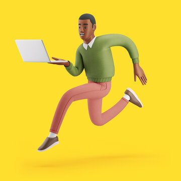 Cheerful young African man running with a laptop. Mockup 3d character illustration