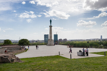 Belgrade, Serbia - May 2, 2021: The Pobednik monument and fortress Kalemegdan in Belgrade