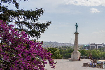 Belgrade, Serbia - May 2, 2021: Kalemegdan fortress and Victor monument Belgrade at cloudy spring day.