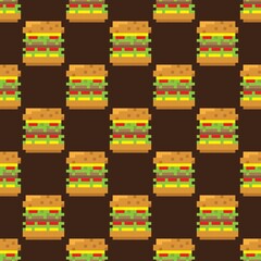 Hamburger pattern pixel art. Seamless pattern. Pixel art hamburger pattern. 