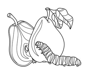 Coloring antistress page for adults 
and children. Pears and caterpillar.