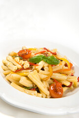 vegan pasta called casarecce con le verdure and chili evo oil or pasta whit fresh vegetables zucchini yellow pepper cherry tomatoes and chili extra virgin oil from Calabria