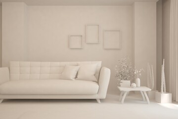 Mock up of stylish room in white color with sofa. Scandinavian interior design. 3D illustration