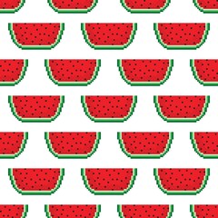 Watermelon pattern pixel art. Seamless pattern. Pixel art watermelon pattern.