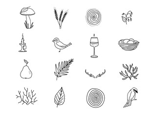 Seamless pattern with collection of icons and symballs with hand-drawn doodles people. Good design elements for funny presentation. Black and white illustration. Cool art with birds, wine, wood