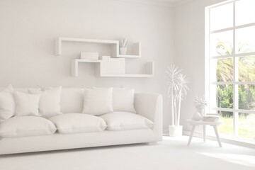 Mock up of stylish room in white color with sofa and green landscape in window. Scandinavian interior design. 3D illustration