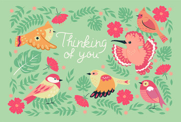 Greeting card with birds and the words thinking of you. Vector graphics.