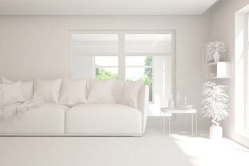 White minimalist living room with sofa. Scandinavian interior design. 3D illustration