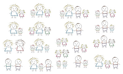 Collection of hand-drawn outline people. Family: mom, dad, daughter and son. Boys and girls are drawn simply by hand