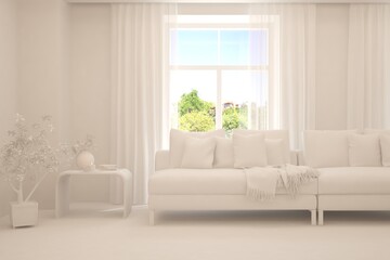 Mock up of stylish room in white color with sofa and green landscape in window. Scandinavian interior design. 3D illustration