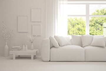 Mock up of stylish room in white color with sofa and green landscape in window. Scandinavian interior design. 3D illustration