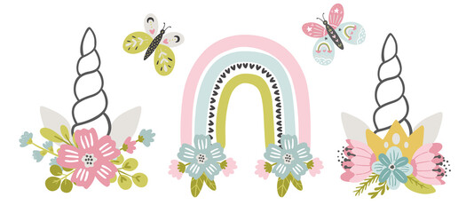 Set of Unicorn horns, rainbows and butterflies decorated with flowers. Nursery clipart, baby room decoration, whimsical cute unicorn clipart © saltoli
