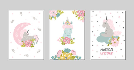 Fototapeta na wymiar Set of nursery unicorn and fantasy cards and posters, whimsical banner design with rainbow, unicorn, vector meadow flowers and bouquets