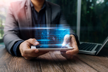 Businessman holding tablet and checking analyzing sales data growth graph chart and stock market on global networking. Business strategy, planning and digital marketing on blue background.