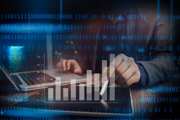 Businessman holding tablet and checking analyzing sales data growth graph chart and stock market on global networking. Business strategy, planning and digital marketing on blue background.