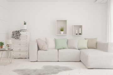 Soft color living room with sofa. Scandinavian interior design. 3D illustration