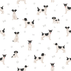 Jack Russel terrier in different poses and coat colors seamless pattern