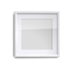 Blank white picture frame with glass, square empty picture frame on white