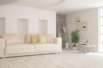 White living room with sofa. Scandinavian interior design. 3D illustration