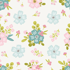 Seamless floral pattern design with sweet vector hand drawn flowers for kids and baby products, fabric, wallpaper, stationery. Meadow floral digital paper