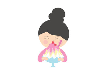 Cute girl eating shaved ice isolated vector illustration