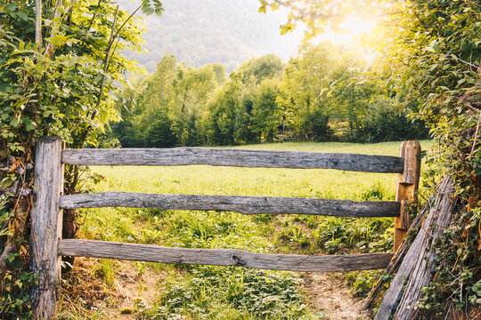 A path in the mountains covered with forests and meadows with wooden fences in the Spanish region of Asturias, Caleao village, in the Redes Natural Park, Biosphere Reserve since 2001