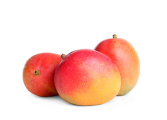 Fototapeta na wymiar Delicious ripe juicy mangoes on white background
