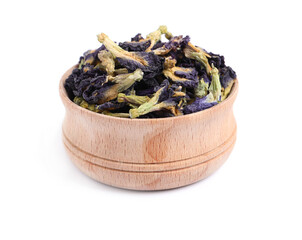 Organic blue Anchan in bowl on white background. Herbal tea