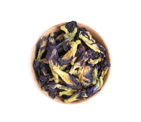 Fototapeta na wymiar Organic blue Anchan in bowl on white background, top view. Herbal tea