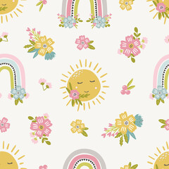 Whimsical vector baby and nursery seamless pattern in hand drawn style with sun, flowers, rainbow for fabric, textile, wallpaper.
