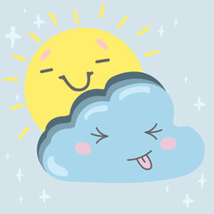 Cute Happy Cloud and The Sun. Vector illustration in kawaii cartoon style.  Suitable for fabric, print, card, sticker and design products.