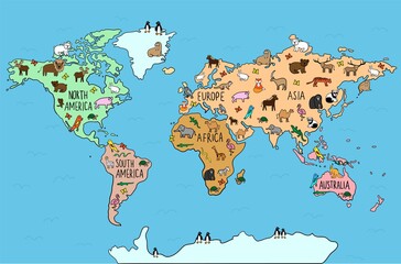 Colored Hand drawn doodle map with endemic animals. European typical wildlife. World fauna. habitats