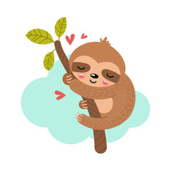 Baby sloth hanging on a branch. Vector illustration.