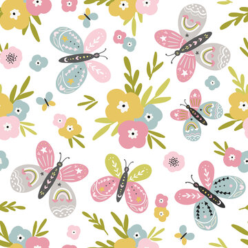 Seamless floral pattern design with sweet vector hand drawn flowers for kids and baby products, fabric, wallpaper, stationery. Meadow floral digital paper