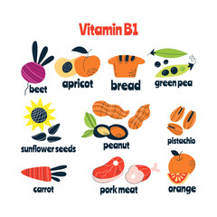 The main food sources of vitamin B1. Healthy food concept.