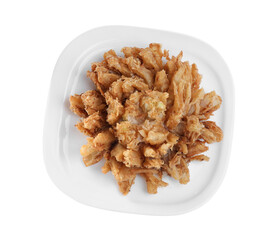 Plate with fried blooming onion isolated on white, top view