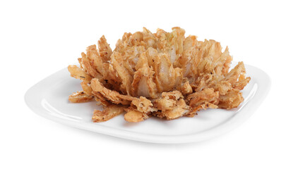 Plate with fried blooming onion isolated on white