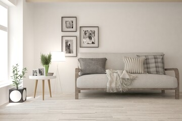 White living room with sofa. Scandinavian interior design. 3D illustration