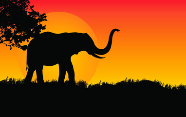 Fototapeta na wymiar elephant standing Against a Sunset Vector illustration, African nature with a wild elephant. Black silhouette of an elephant.