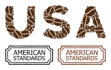 Collage USA text united from coffee seeds, and grunge American Standards rectangle seal stamps with notches. Vector coffee icons are grouped into abstract collage USA text icon with brown color.