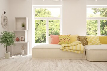 White living room with sofa and summer landscape in window. Scandinavian interior design. 3D illustration