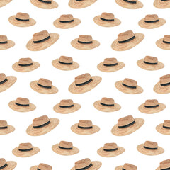 Watercolor summer pattern with straw hats on a white background. Fashion seamless pattern. 