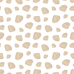 Watercolor hand-drawn seamless pattern with beige seashells on a white background. 