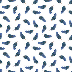 Obraz na płótnie Canvas Watercolor hand drawn pattern with navy blue feathers on a white background. Seamless pattern. 