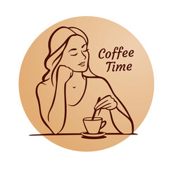 Beautiful woman with Cup of Coffee or Tea. Coffee time Concept. Vector Illustration.