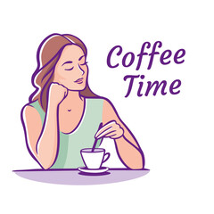 Beautiful woman with Cup of Coffee or Tea. Coffee time Concept. Vector Illustration.