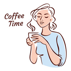 Beautiful woman with Cup of Coffee or Tea. Coffee time Concept. Vector Illustration.